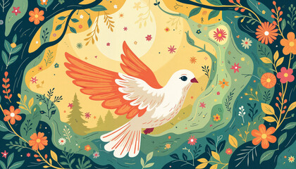 Obraz premium Expressive Easter dove flying through a floral forest, nature's harmony