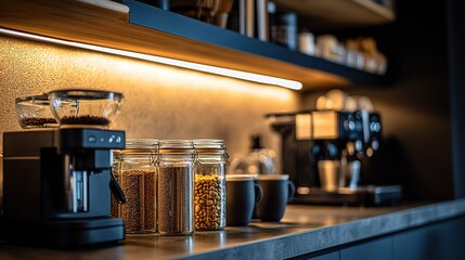 Modern Kitchen Countertop Coffee Setup With Jars