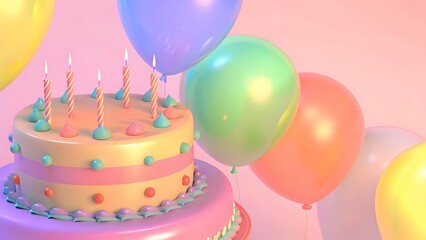 Colorful birthday cake with candles surrounded by