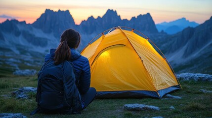 Sunset hiker sits by mountain camping tent