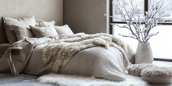 A cozy bedroom featuring a bed and winter themed decor