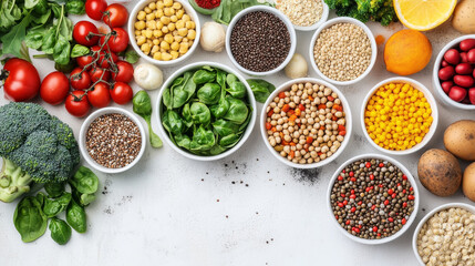 A diverse assortment of nutritious foods arranged on a white table in a flat lay composition