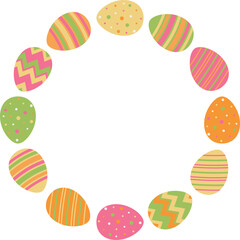 Frame of painted Easter eggs. Round frame of eggs with copy space. Isolated flat vector illustration for decorating banners, posters, backgrounds, cards.