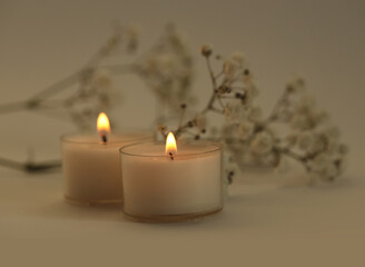 Selective Soft focus. blur Burning candles with flower twig. Evening Light and shadow beige background. Minimalist still life.