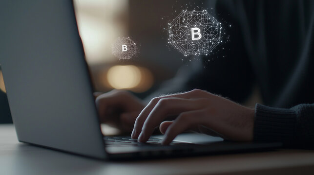 A programmer typing on a laptop with holographic blockchain nodes