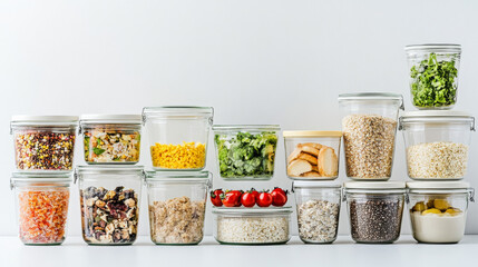 A selection of balanced meals stored in glass containers, accompanied by various nutritious products, arranged on a white background with space for text