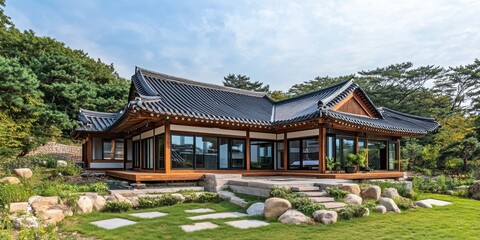 Fototapeta premium An elegant architectural structure sits in a beautiful green landscape setting