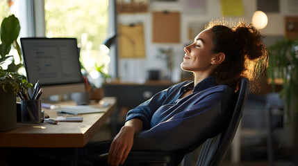 A woman leans back in a casual office, taking a break from work in a peaceful and productive setting