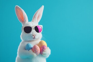 Fototapeta premium Cute white Easter bunny wearing stylish sunglasses, perfect for Easter and spring celebrations