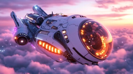 Futuristic Spacecraft Floating in the Clouds at Sunset. Generative AI