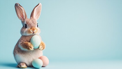 Obraz premium Cute Easter bunny holding pastel-colored Easter eggs on a light blue background, perfect for Easter-themed designs and decorations