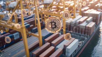 Cargo ship docked at port with blockchain technology elements