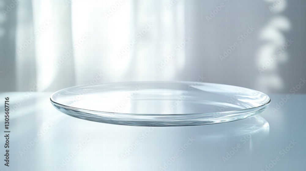 Poster clear glass plate placed on a light colored surface near a window with soft natural light during day