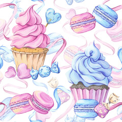 Pastel candy party watercolor pattern with cupcakes and macarons in pink and blue