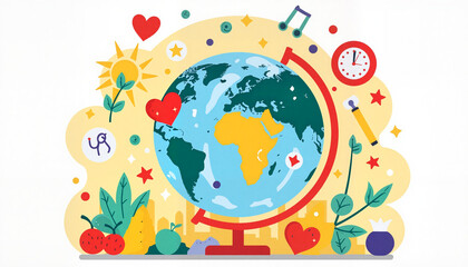 Naklejka premium Vibrant health symbols around globe with skyline, World Health Day concept