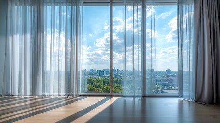 Sheer Curtains Frame City Skyline View Through Window