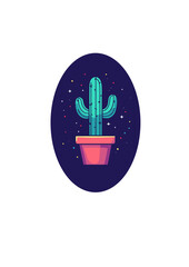 Vector cactus, decorative, in pot, against dark background with stars, copy space