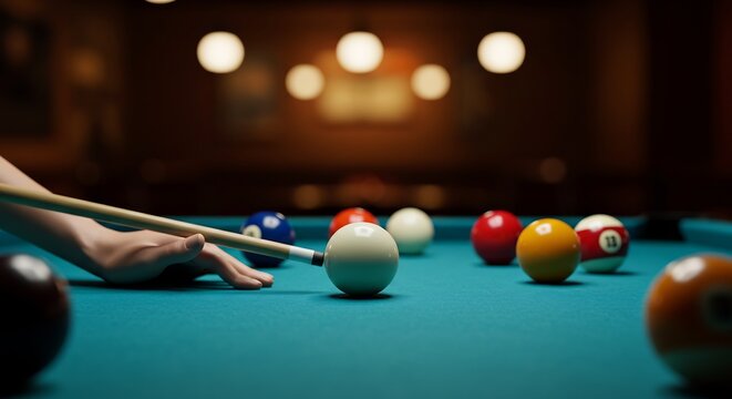 Billiards Game in Progress, Close-up of Player's Hand and Cue Ball on Pool Table