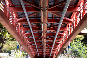 underneath of red bridge over the river