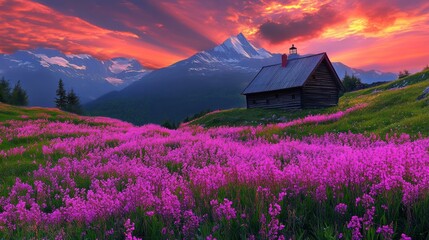 Beautiful colorful wild flowers with lighthouse at sea beach in Spring.