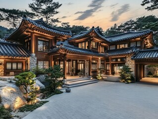 A traditional style Asian home displays intricate architectural details outside