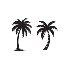 palm tree silhouette.Two Silhouetted Palm Trees Against a White Background.This image features two stylized, black silhouettes of palm trees against a pure white background.