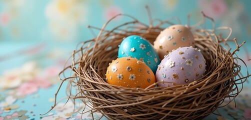 Obraz premium Colorful Easter Eggs in a Nest Surrounded by Spring Flowers