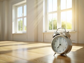 Minimalist Alarm Clock on Wooden Floor by Window - Stock Photo