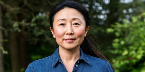 A woman wears a denim shirt and stands confidently outdoors with trees and greenery in the background