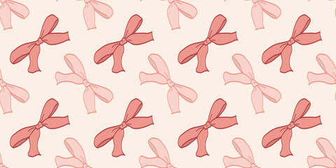 Pink vintage coquettish ribbon bows seamless pattern for fabric, wallpaper, stationery, gift wrapping, textiles, fashion accessories, and digital backgrounds, adding a soft and elegant touch