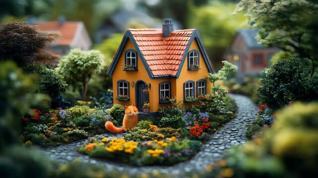 Small house with orange cat, tilt-shift 