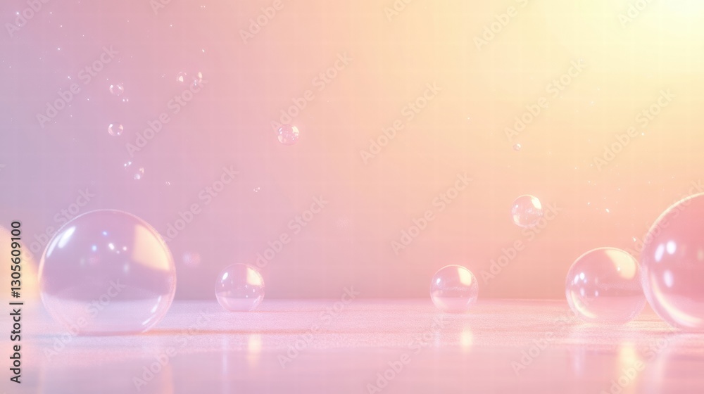 Poster soft pastel bubbles float gently on a serene surface illuminated by warm light during a tranquil mom