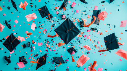 Joyful Graduation Celebration: Tossing Caps and Confetti on Blue, Design for card, poster