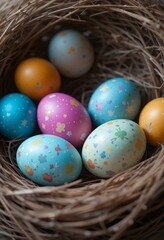 Colorful Easter Eggs in a Nest Surrounded by Spring Flowers