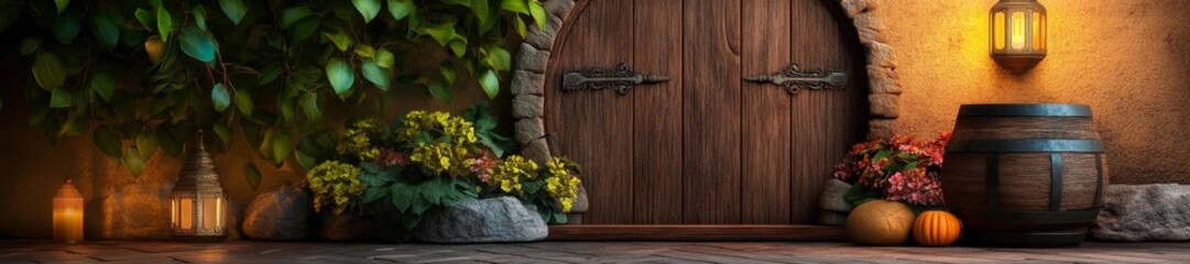 Naklejka premium Rustic Fall Home Entrance with Lanterns and Fall Flowers. Generative AI