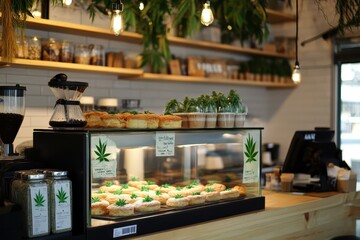 Trendy coffee shop showcasing cannabis-infused pastries and beverages in a warm, inviting atmosphere. Generative AI