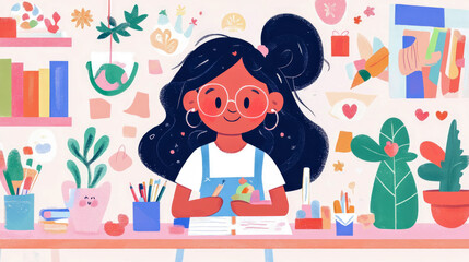 Illustration of girl in her room making art