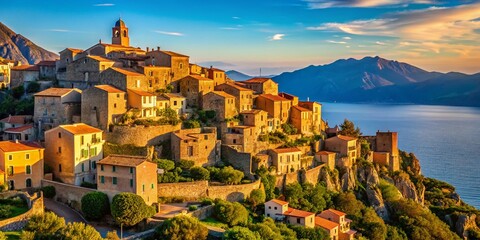 Obraz premium Minimalist Corsican Mountain Village Overlooking Mediterranean Sea