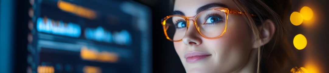 Professional woman in glasses focusing on data analysis on a monitor in a dark office environment. Generative AI