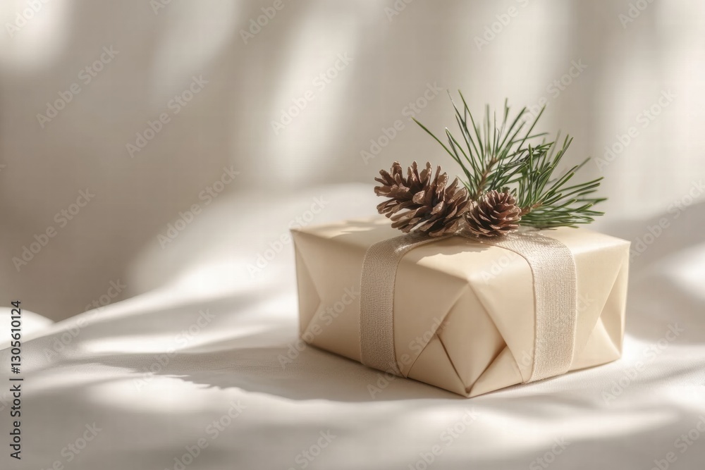 Poster delicate gift with pinecones and greenery sits on a soft fabric surface in warm natural light. gener