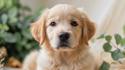 Charming golden retriever puppy with fluffy fur and bright eyes showing affection and playfulness in a natural setting