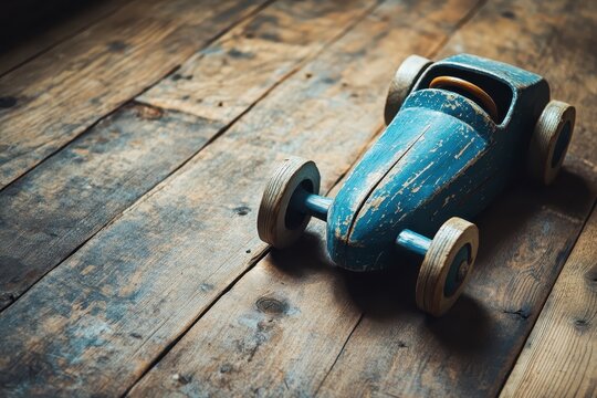 Vintage wooden toy car in charming blue resting on rustic wooden floor showcasing time-worn elegance and playfulness. Generative AI - Powered by Adobe