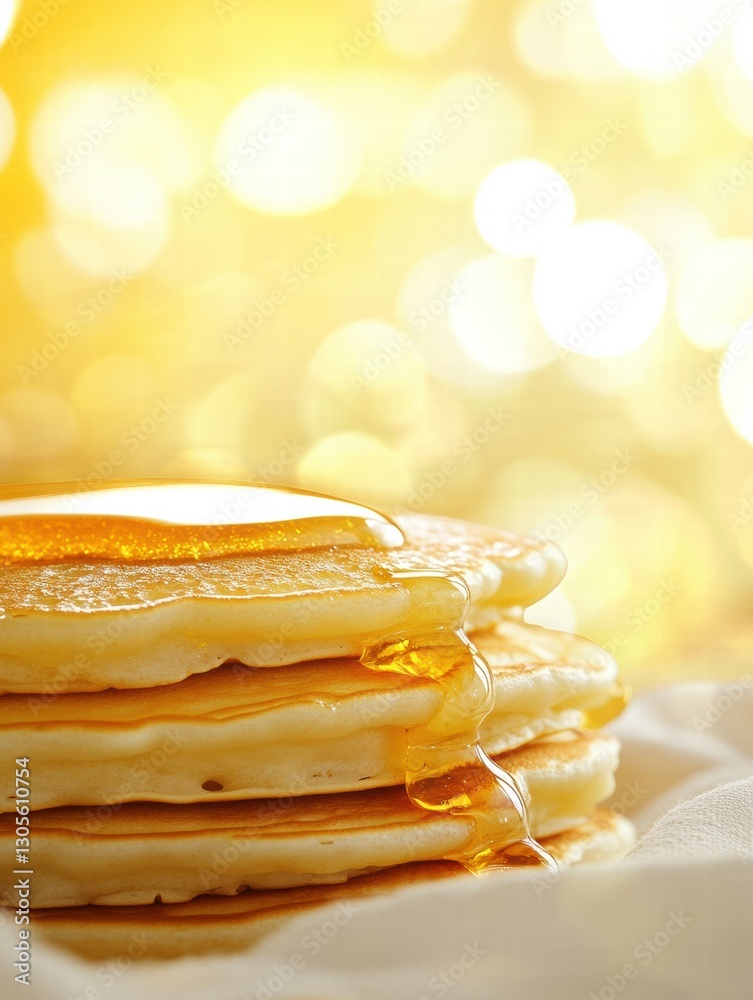 Poster pancakes drizzled with golden syrup served on a warm morning with a shimmering background of soft li