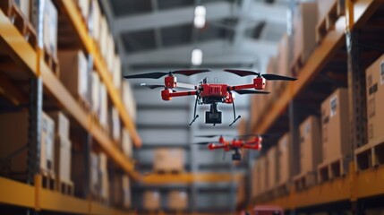 Warehouse interior with shelves. Two red drones are flying through the space. Boxes placed in storage. Modern logistics and delivery system in action.