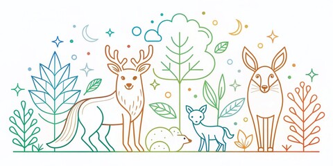 Obraz premium Minimalist Line Art Forest Animals: Organic Nature Illustrations