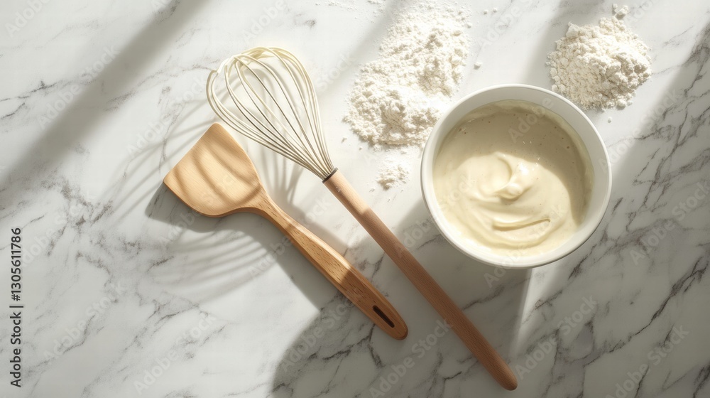 Fototapete baking preparation with mixing tools and batter on a marble surface in bright daylight. generative a