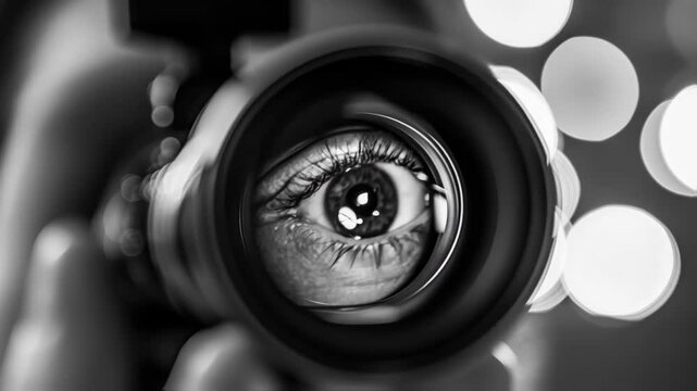 Black and white close up of photographer's eye looking through camera lens, blurred bokeh lights in background create a dreamy and artistic effect