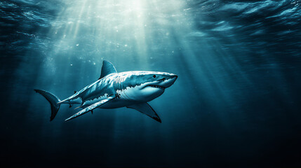 Fototapeta premium Underwater great white shark cycling. Ocean Greenland shark below the underwater surface. Megalodon angry shark attacking with mouth wide open. Man eater shark pool. 