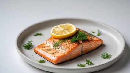 Grilled Salmon with Lemon and Herbs on Plate.