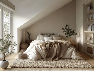 A sunlit bedroom featuring a cozy bed and natural elements